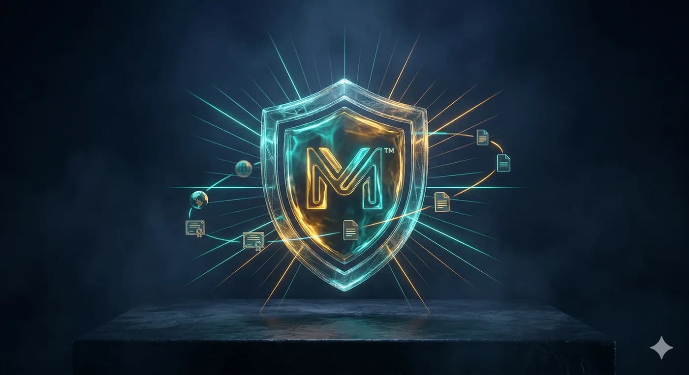 Escudo 3D com símbolo de marca — proteção premium