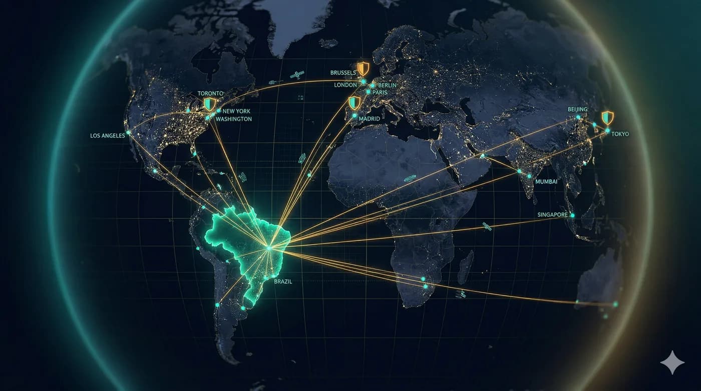 Mapa mundial com cobertura global de marcas — Brasil, Europa, EUA e mais