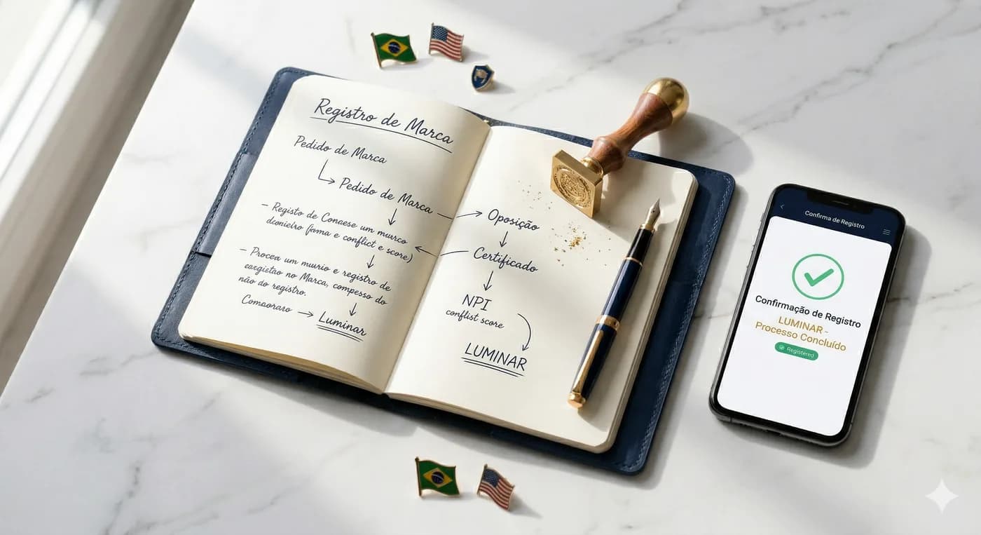 Processo de registro de marca — caderno, carimbo e fluxo simplificado